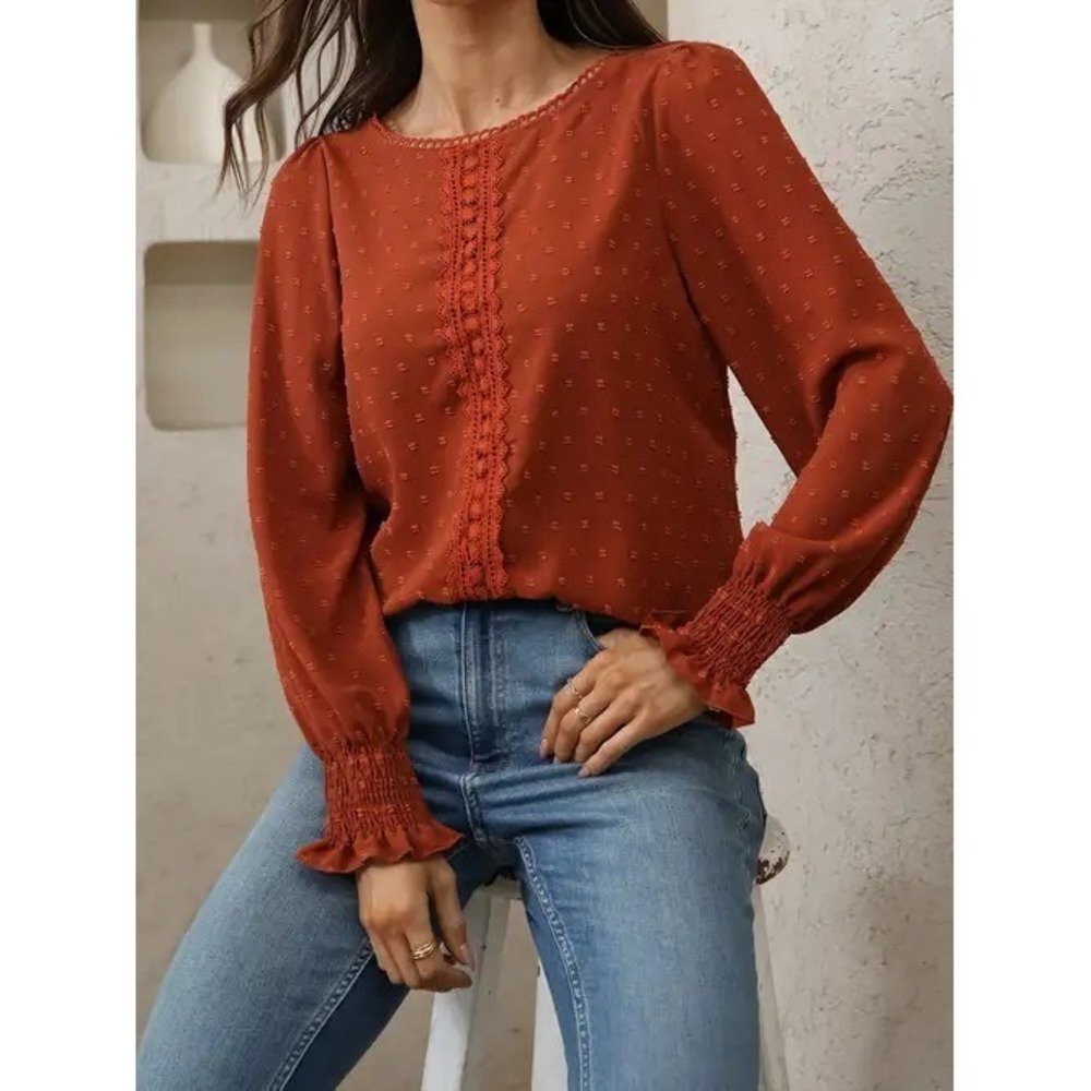 Shein French Lampshade Raised Dot Blouse in rust orange Large Lace‎ Trim